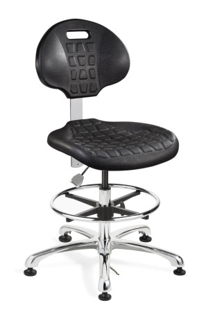 Everlast Tall Height ESD/ISO 4 Cleanroom Black Polyurethane Chair; Non-Tilt; Polished Aluminum Base w/Adjustable Footring