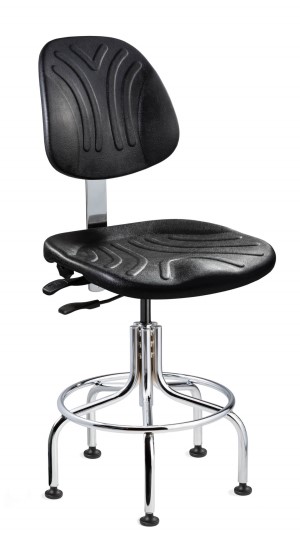 Dura Heavy-Duty Desk Height Black Polyurethane Chair; Articulating Seat & Back Tilt; Chrome Tubular Steel Base w/Welded Footring