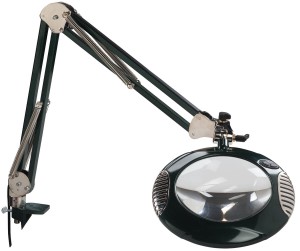 O.C. White 7.5 " Green-Lite  LED Magnifier; 4 Diopter (2X); ESD Safe; Intuitive Lighting Controls with 3 Bank LED Adjustability; Die-Cast Aluminum Construction\\\, Crown White Optical Glass; Table Edge Clamp; 43 " Reach; 100-240v (50/60hz); 12 LED Array only consumes 8W on high.   Carbon Black