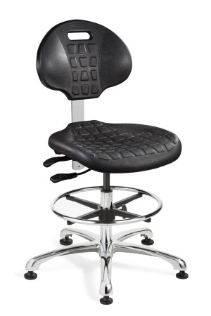 Everlast Tall Height Black Polyurethane Chair; Articulating Seat & Back Tilt; Polished Aluminum Base w/Adjustable Footring