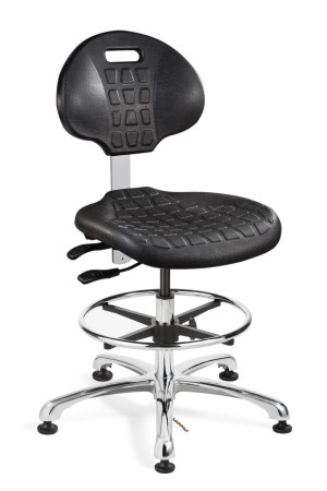Everlast Tall Height ESD Black Polyurethane Chair; Articulating Seat & Back Tilt; Polished Aluminum Base w/ Adjustable Footring