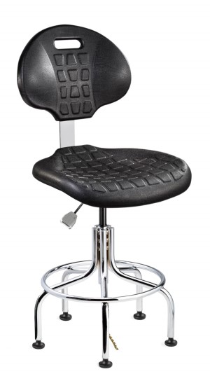 Everlast Tall Height ESD/ISO 4 Cleanroom Black Polyurethane Chair, Articulating Seat & Back Tilt; Chrome Tubular Steel Base w/Welded Footring