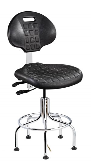 Everlast Tall Height ESD/ISO 4 Cleanroom Black Polyurethane Chair; Articulating Seat & Back Tilt; Chrome Tubular Steel Base w/Welded Footring