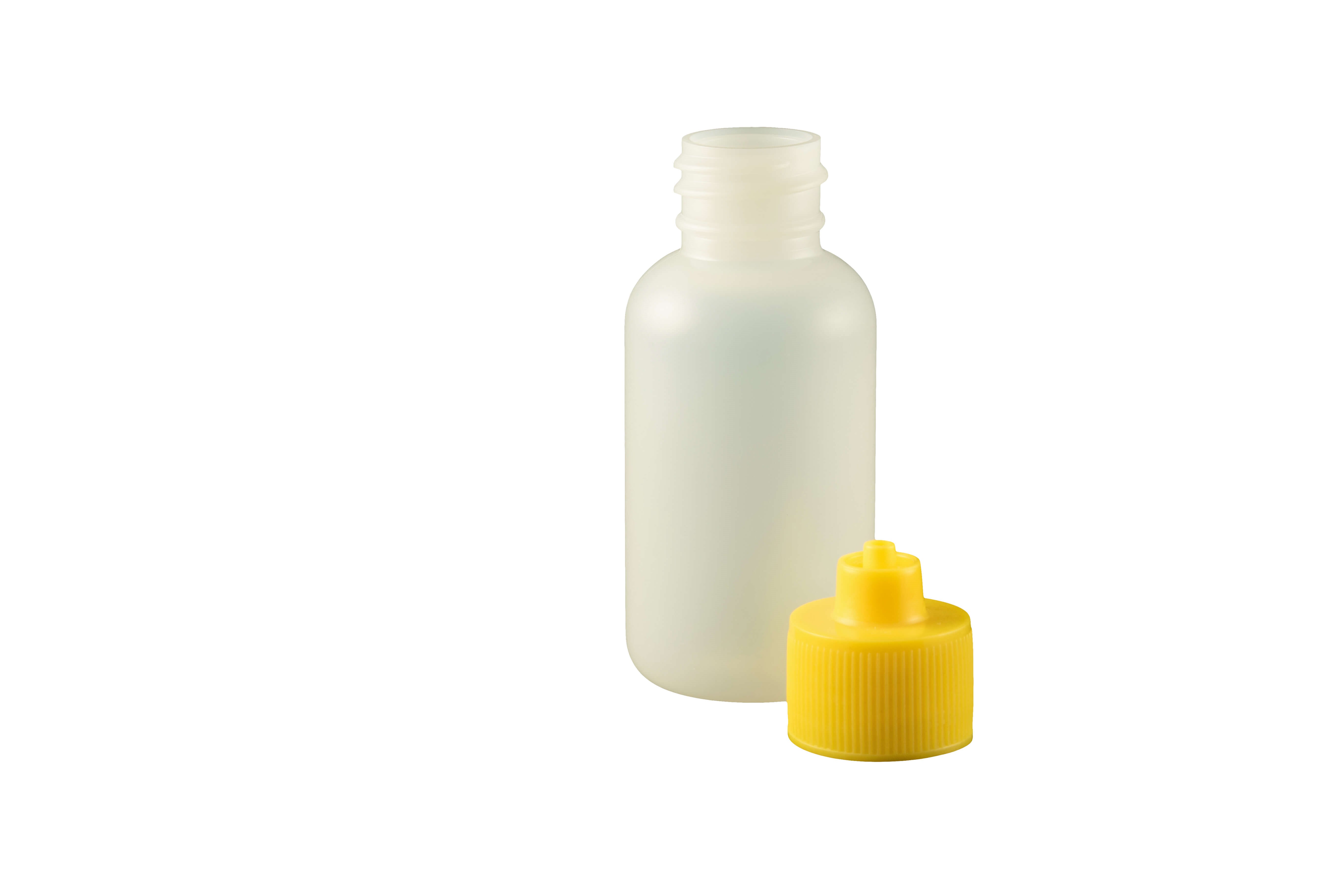 1 oz. Bottle LDPE Boston Round w/ Yellow Luer Lock Cap Bag/10
