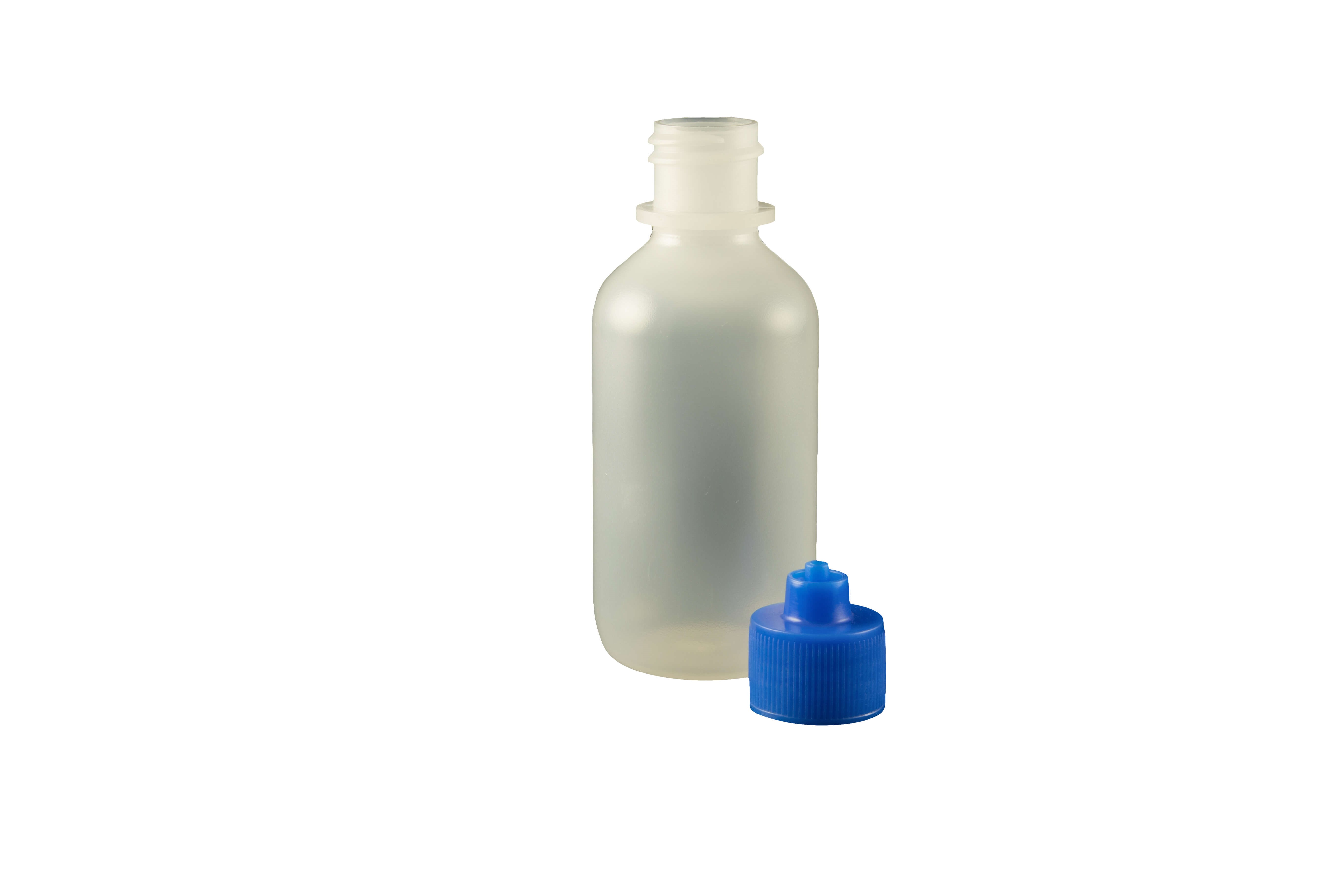 2 oz. Bottle LDPE Boston Round w/ Blue Luer Lock Cap Bag/10