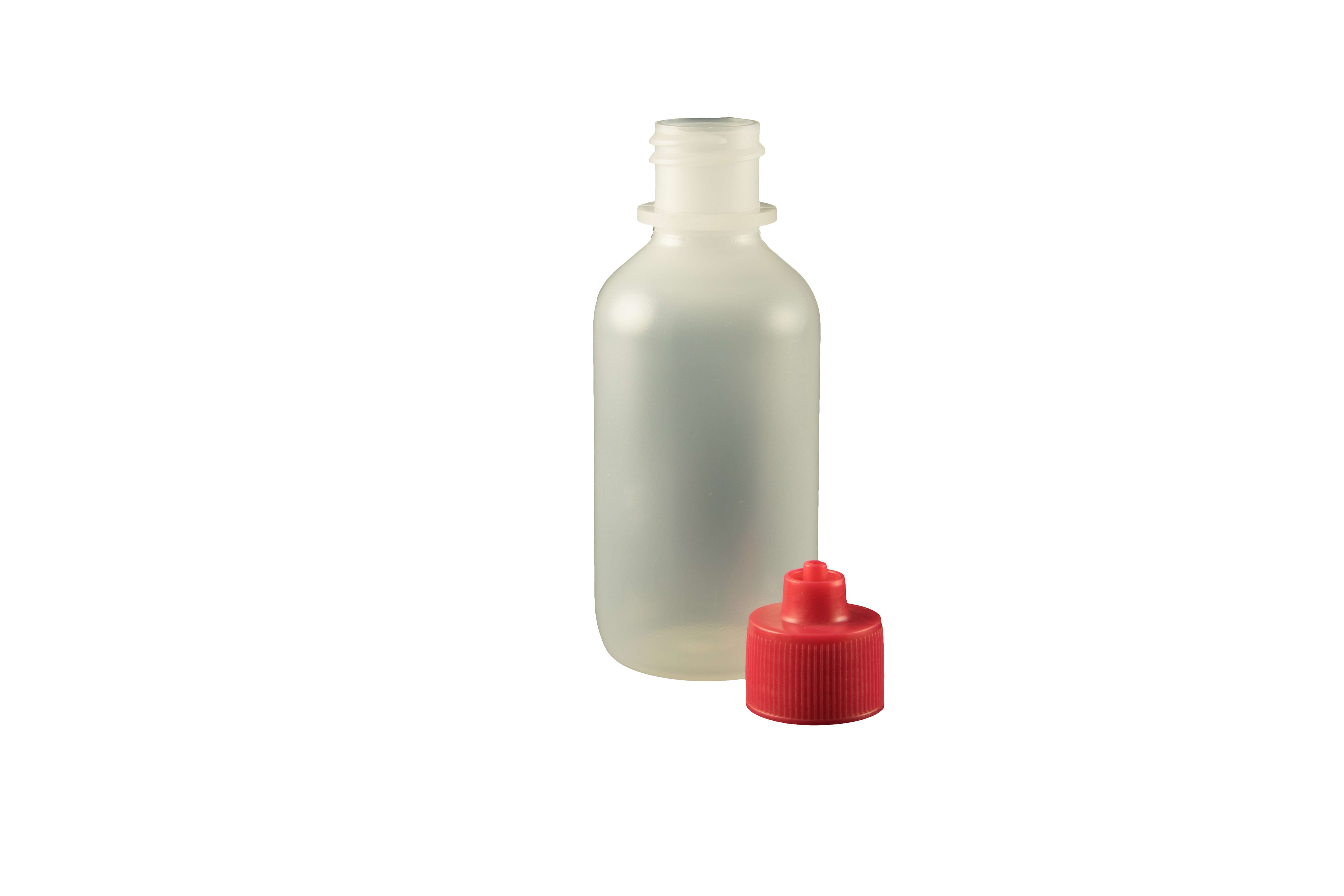 2 oz. Bottle LDPE Boston Round w/ Red Luer Lock Cap Bag/10