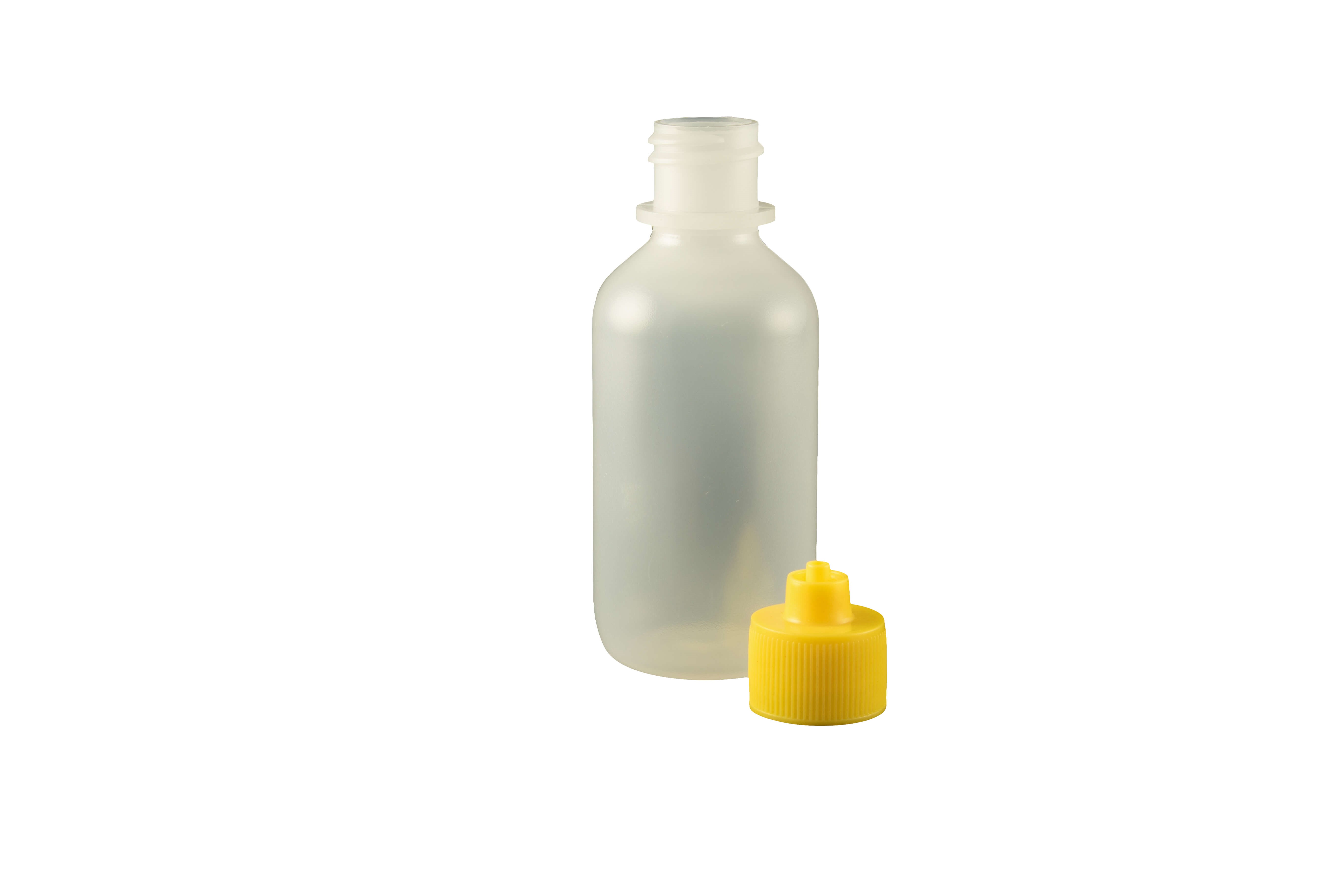 2 oz. Bottle LDPE Boston Round w/ Yellow Luer Lock Cap Bag/10