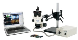 ProZoom  6.5 Trinocular Microscope; Super-Wide (28mm) 10X Eyepieces; ESD Safe Standard; Standard Range 5-65x (up to 390X with optional parts); .3x CCD Adapter; 5MP Ultra-Cam  II Hybrid HDMI/USB Camera with Advanced Imaging & Measurement Software Suite; AIMS includes on-screen controls via wireless mouse for Image/Video Capture\\\, Live vs. Frozen Image comparison\\\, Calibrated Measurement\\\, Labeling\\\, Digital Noise Reduction\\\, Export to Excel\\\, and more; Now included FREE ($595 Value) Exclusive PC suite software extension combines all features listed above\\\, along with Extended Depth of Field Stacking\\\, Image Stiching\\\, and more (PC needed);  6 Diopter Adjustable eyepieces to correct individual eyesight variations; Greater working distance\\\, Magnification range\\\, and Field of View than a traditional microscope; 45  Eyetube inclination; 16" Tall Ball Bearing Base\\\, No monitor included; 150w Fiberoptic Annular Light (Micro-Lite  FL3000-A)