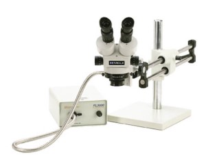 Meiji Stereo-Zoom Microscope System; Standard Range 3.5-45x; 10X Eye Pieces; 0.5x Lens; 150 Watt Fiberoptic Annular Light