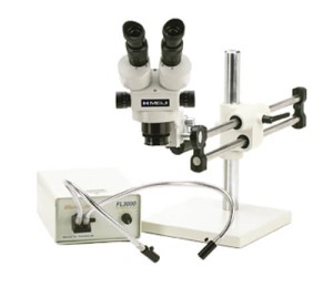 Meiji Stereo-Zoom Microscope System; Standard Range 3.5-45x; 10X Eye Pieces; 0.5x Lens; 150 Watt Fiberoptic Dual Point Light