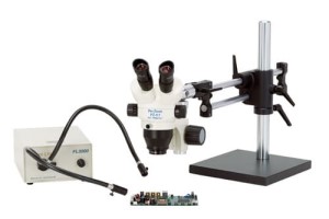 ProZoom  6.5 Stereo-Zoom Microscope; Super-Wide (28mm) 10X Eyepieces; Standard Range 5-65x (up to 390X with optional parts); 16" Tall Ball Bearing Base\\\, Easy 360  main body rotation; 190mm working distance; 0.5X Auxiliary Objective Lens at no charge ($125 value);  6 Diopter Adjustable eyepieces to correct individual eyesight variations; 45  Eyetube inclination; ESD Safe Standard; 150w Fiberoptic Dual Point Light (Micro-Lite  FL3000-D)