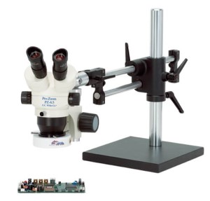 ProZoom  6.5 Stereo-Zoom Microscope; Super-Wide (28mm) 10X Eyepieces; Standard Range 5-65x (up to 390X with optional parts); 16" Tall Ball Bearing Base\\\, Easy 360  main body rotation; 190mm working distance; 0.5X Auxiliary Objective Lens at no charge ($125 value);  6 Diopter Adjustable eyepieces to correct individual eyesight variations; 45  Eyetube inclination; ESD Safe Standard; FL1000 with High-Output Fluorescent Bulb