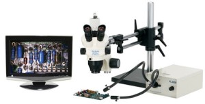 ProZoom  6.5 Trinocular Microscope; Super-Wide (28mm) 10X Eyepieces; ESD Safe Standard; Standard Range 5-65x (up to 390X with optional parts); .3x CCD Adapter; 5MP Ultra-Cam  II Hybrid HDMI/USB Digital Camera with Advanced Imaging & Measurement Software Suite and 22" LCD Monitor; AIMS includes on-screen controls via wireless mouse for Image/Video Capture\\\, Live vs. Frozen Image comparison\\\, Calibrated Measurement\\\, Labeling\\\, Digital Noise Reduction\\\, Export to Excel\\\, and more; Now included FREE ($595 Value) Exclusive PC suite software extension combines all features listed above\\\, along with Extended Depth of Field Stacking\\\, Image Stiching\\\, and more (PC needed);  6 Diopter Adjustable eyepieces to correct individual eyesight variations; Greater working distance\\\, Magnification range\\\, and Field of View than a traditional microscope; 150w Fiberoptic Dual Point Light (Micro-Lite  FL3000-D)