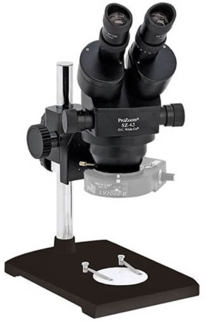 ProZoom  4.5 Stereo-Zoom Microscope; Extra-Large (22mm) 10X Eyepieces; Standard Range 7-45X (3.5   225X with optional parts); Lab Style Base\\\, Easy 360  main body rotation; 90-250mm working distance;  0.5 Auxiliary Objective Lens at no charge ($125 value);  5 Diopter Adjustable eyepieces to correct individual eyesight variations; 45  Eyetube inclination; ESD Safe Standard; FL1000 with High-Output Fluorescent Bulb